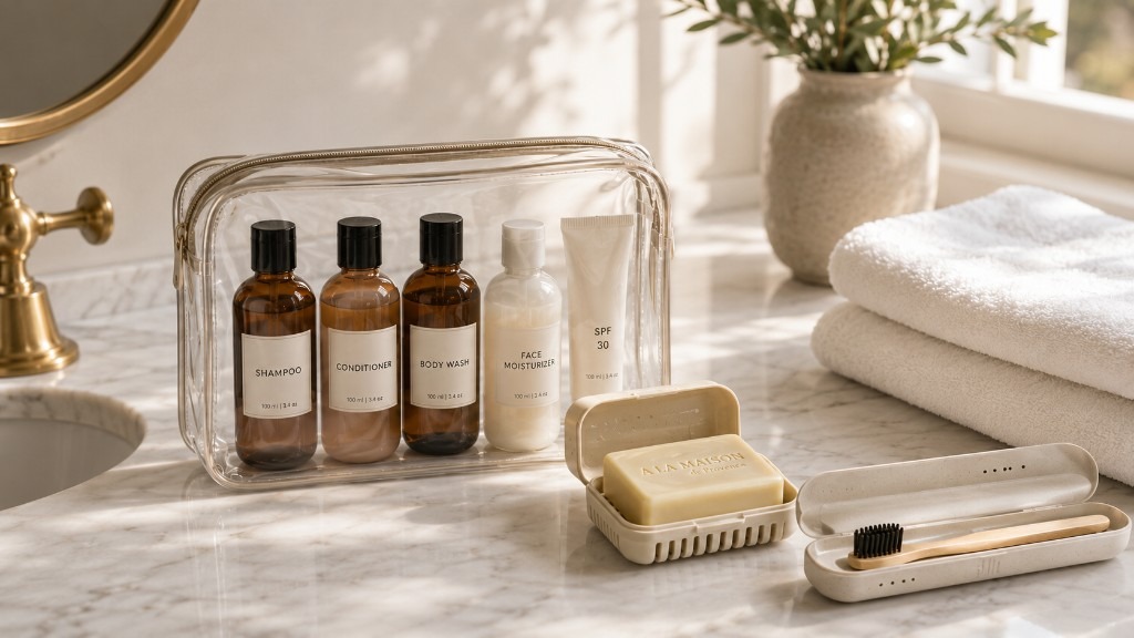 Clear TSA quart toiletry bag with labeled travel bottles, A La Maison bar soap in a case, and a bamboo toothbrush in a ventilated travel holder on a marble bathroom counter.