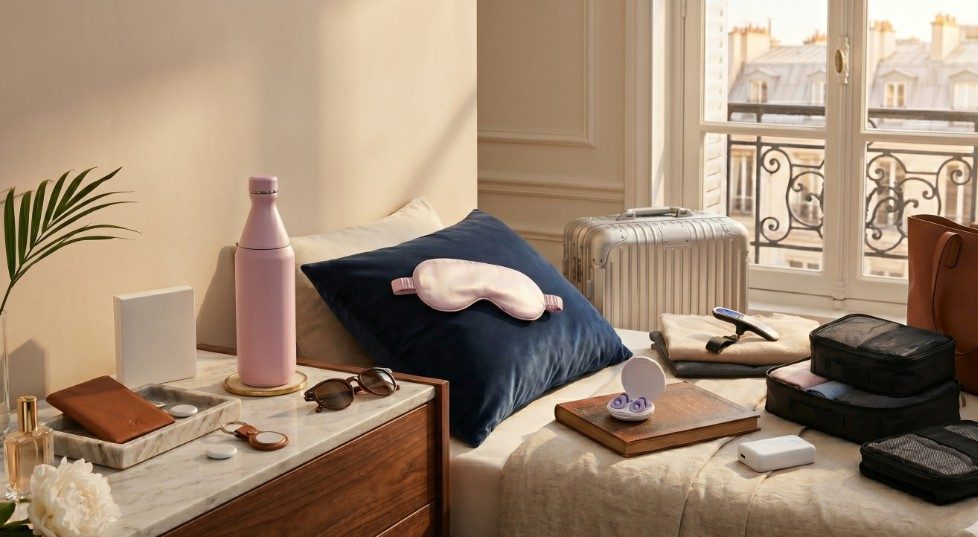 Sunlit Parisian hotel room styled with travel essentials: an insulated water bottle, a leather passport holder, sunglasses, a silk eye mask on a navy pillow, packing cubes, a carry-on suitcase, and a leather tote by a balcony window.