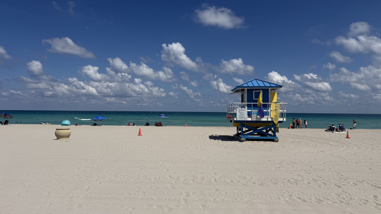 Hollywood Beach Florida Atlantic shore with blue lifeguard tower and turquoise water near the Broadwalk