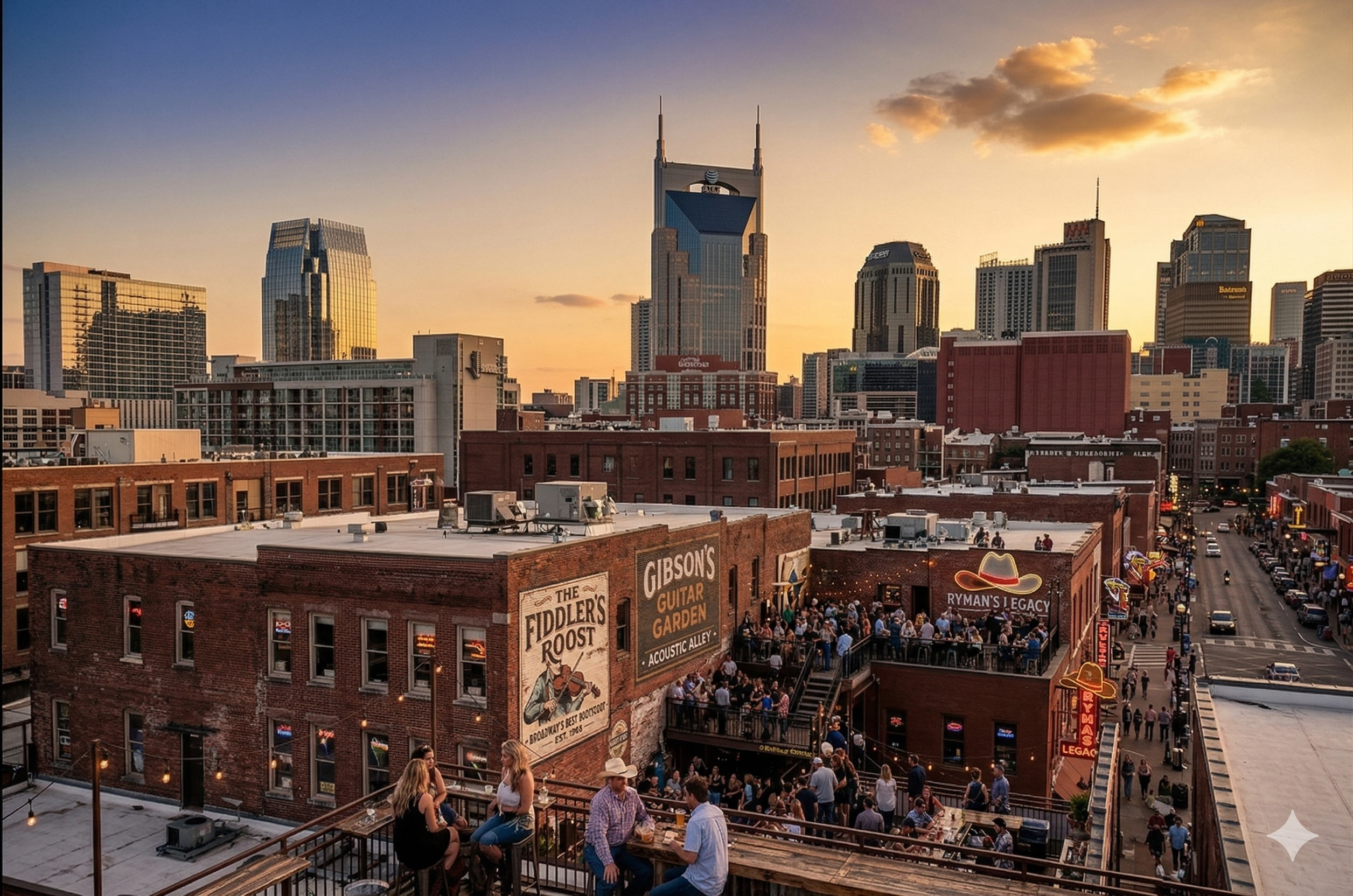 Nashville rooftop bar scene at sunset with the AT&T Building and downtown skyline in golden light.