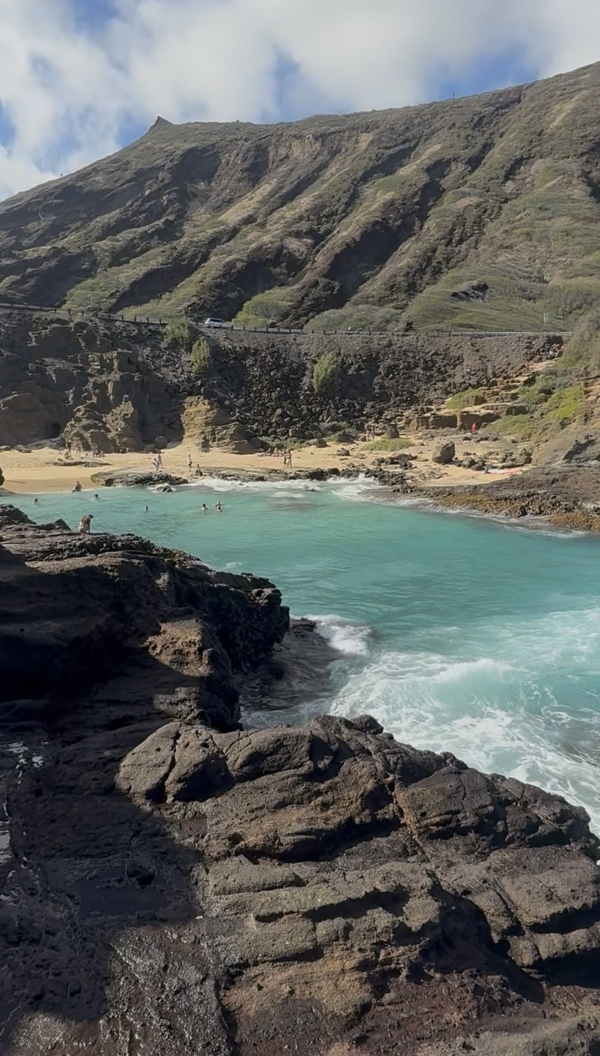 Halona Beach Cove with turquoise water and black lava rock