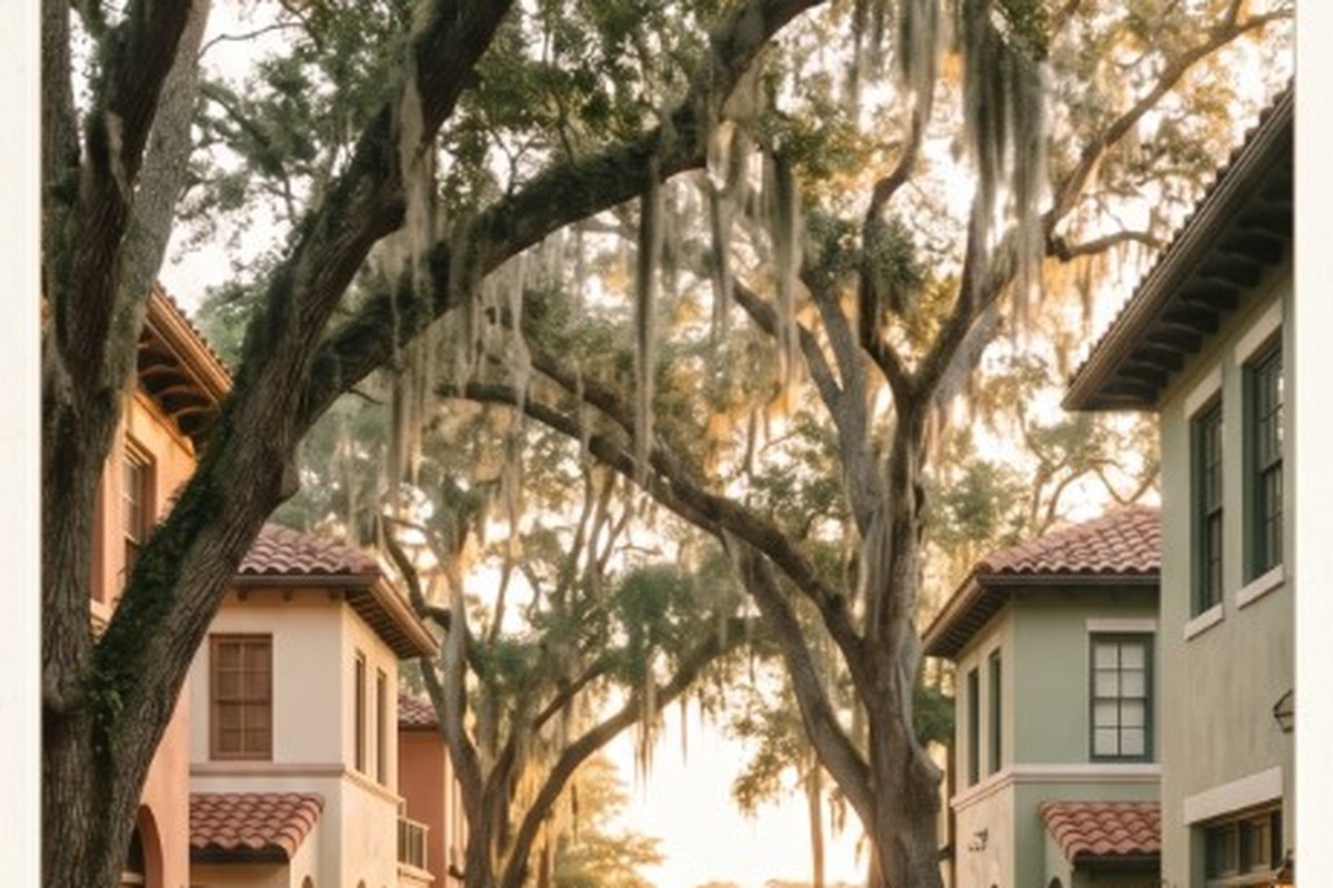 Cobblestone walk lined with café tables and Spanish moss oaks leading toward a golden lake in Winter Park.